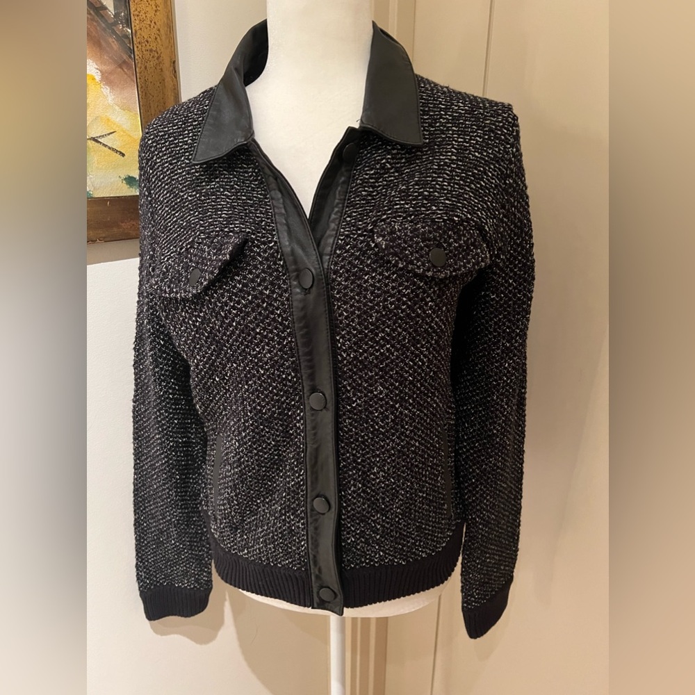 Rag & Bone button up black and white knit jacket  with leather collar and cuffs